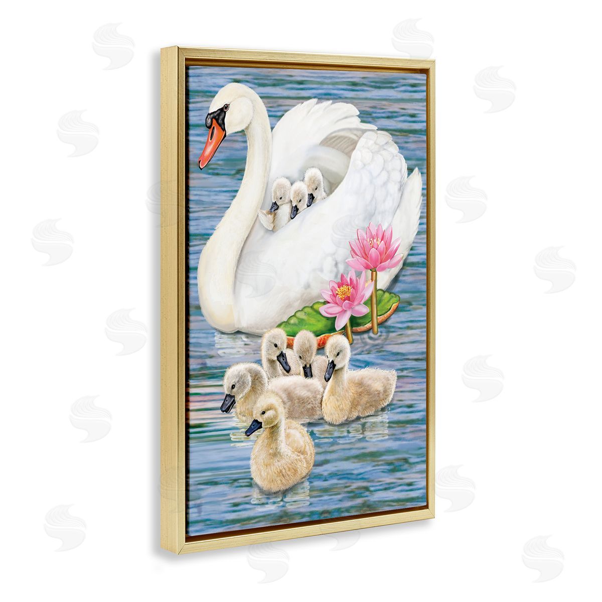 Swan Family & Lotus Flowers Gold Floating Frame Canvas Wall Art, Home Decor by Rosiland Solomon