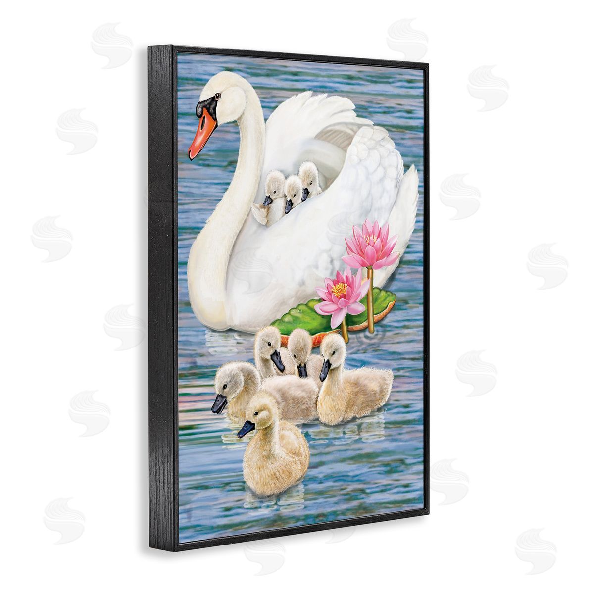 Swan Family & Lotus Flowers Black Frame Print Wall Art, Home Decor by Rosiland Solomon