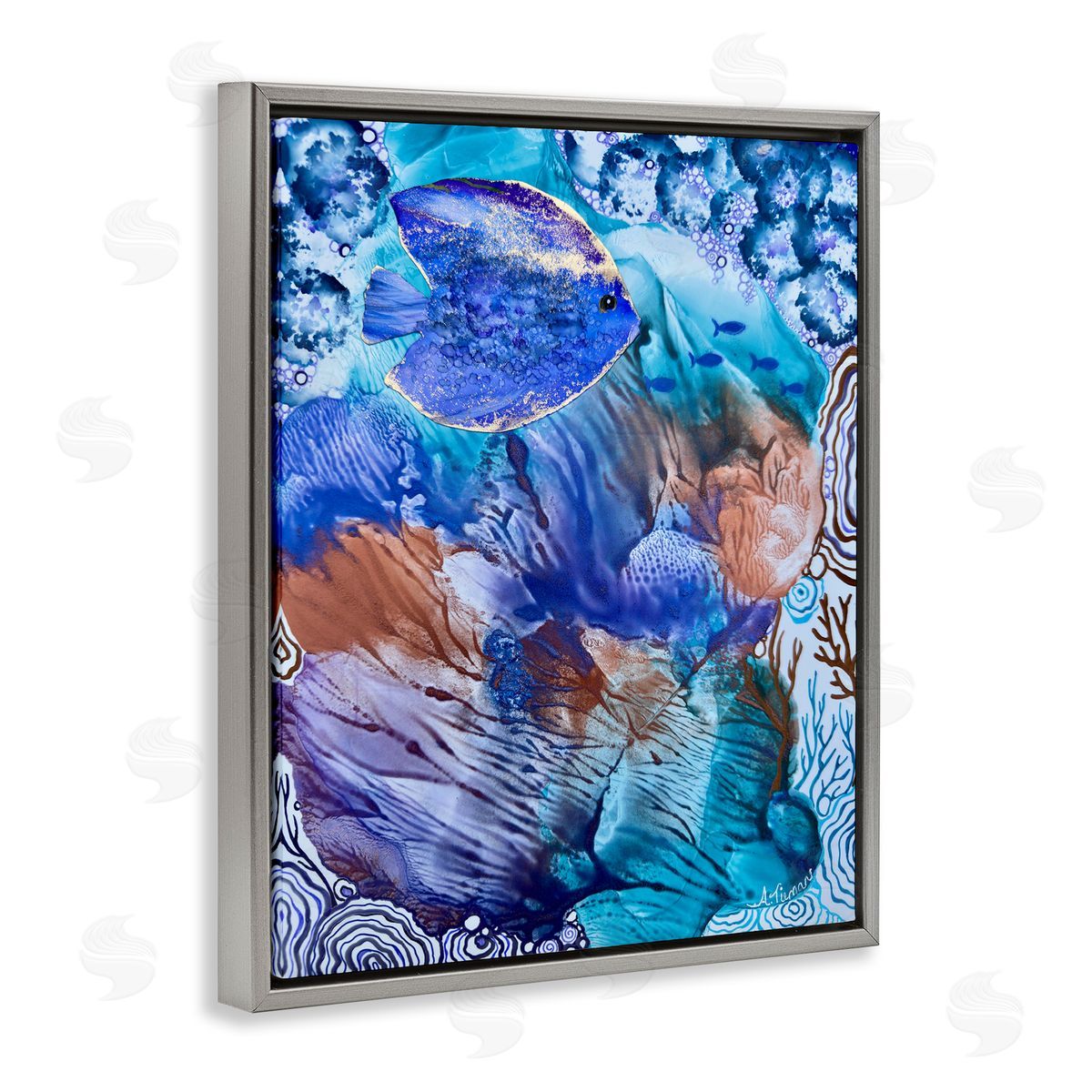 Underwater Fish Sea Life Grey Floating Frame Canvas Wall Art, Home Decor by Amy Tieman