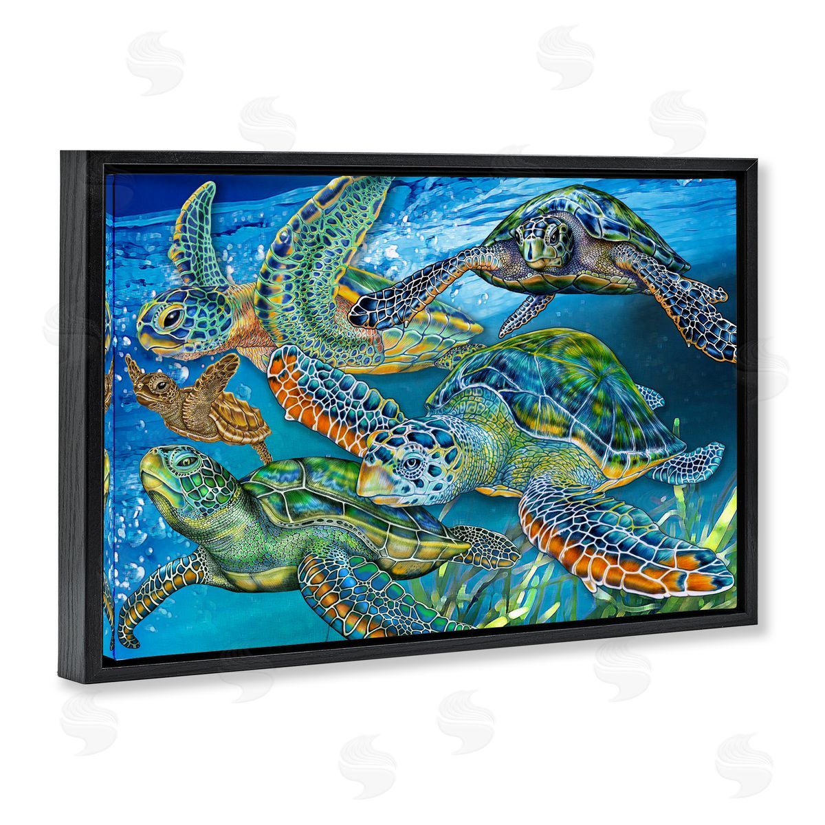 Tortoise Family Underwater Swim Black Floating Frame Canvas Wall Art, Home Decor by Tim Jeffs