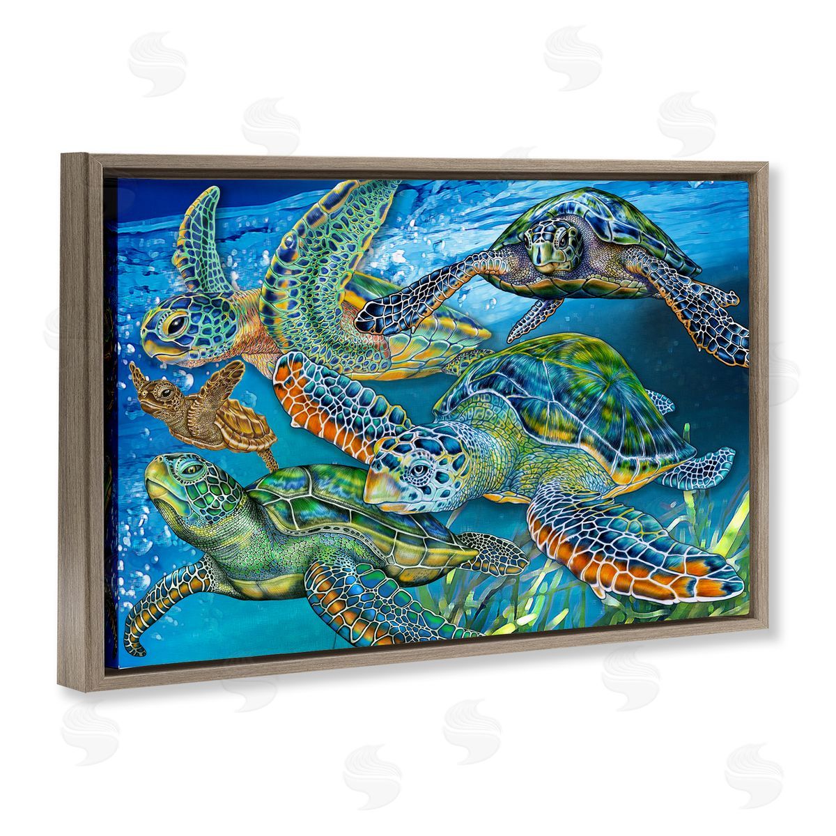 Tortoise Family Underwater Swim Brown Floating Frame Canvas Wall Art, Home Decor by Tim Jeffs