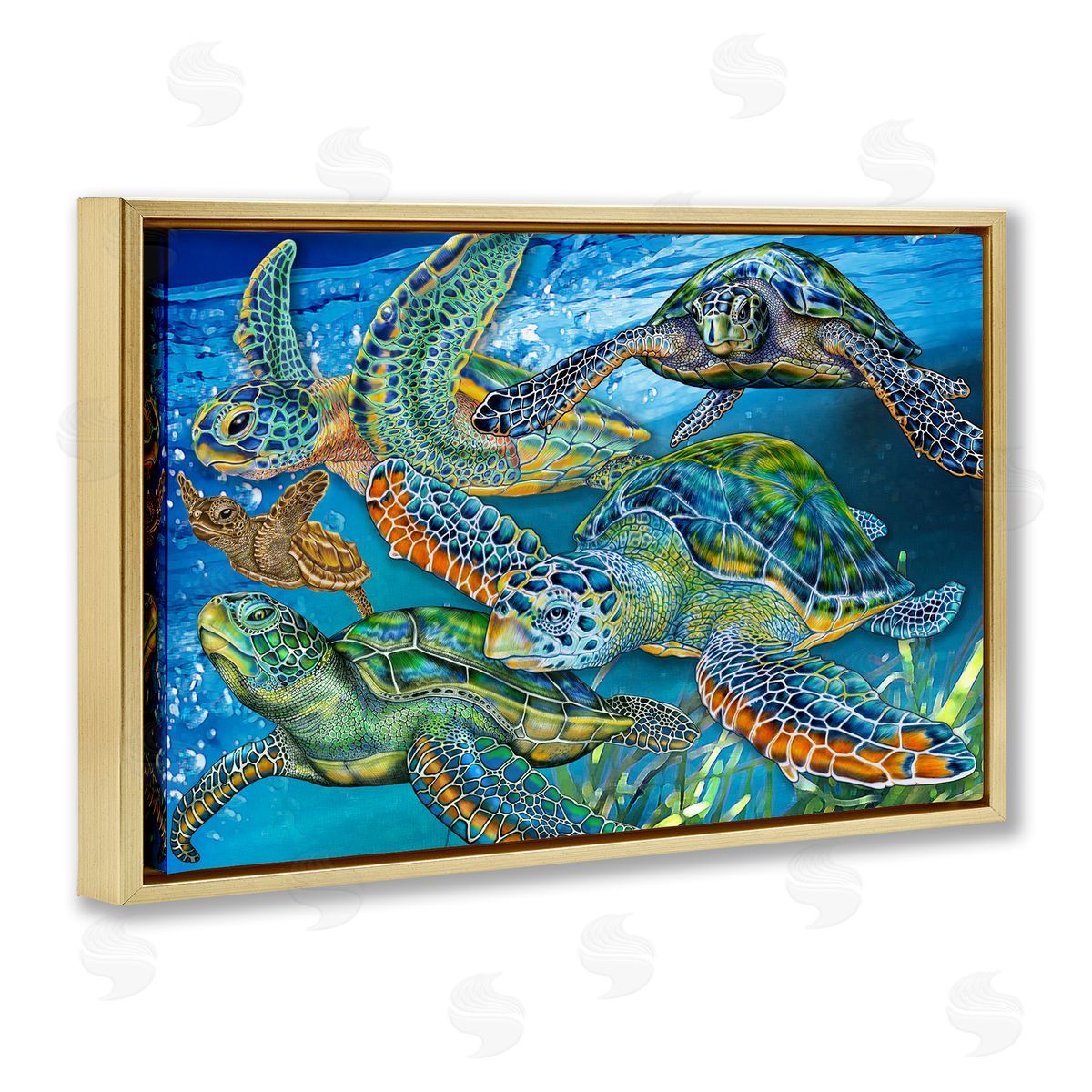 Tortoise Family Underwater Swim Gold Floating Frame Canvas Wall Art, Home Decor by Tim Jeffs