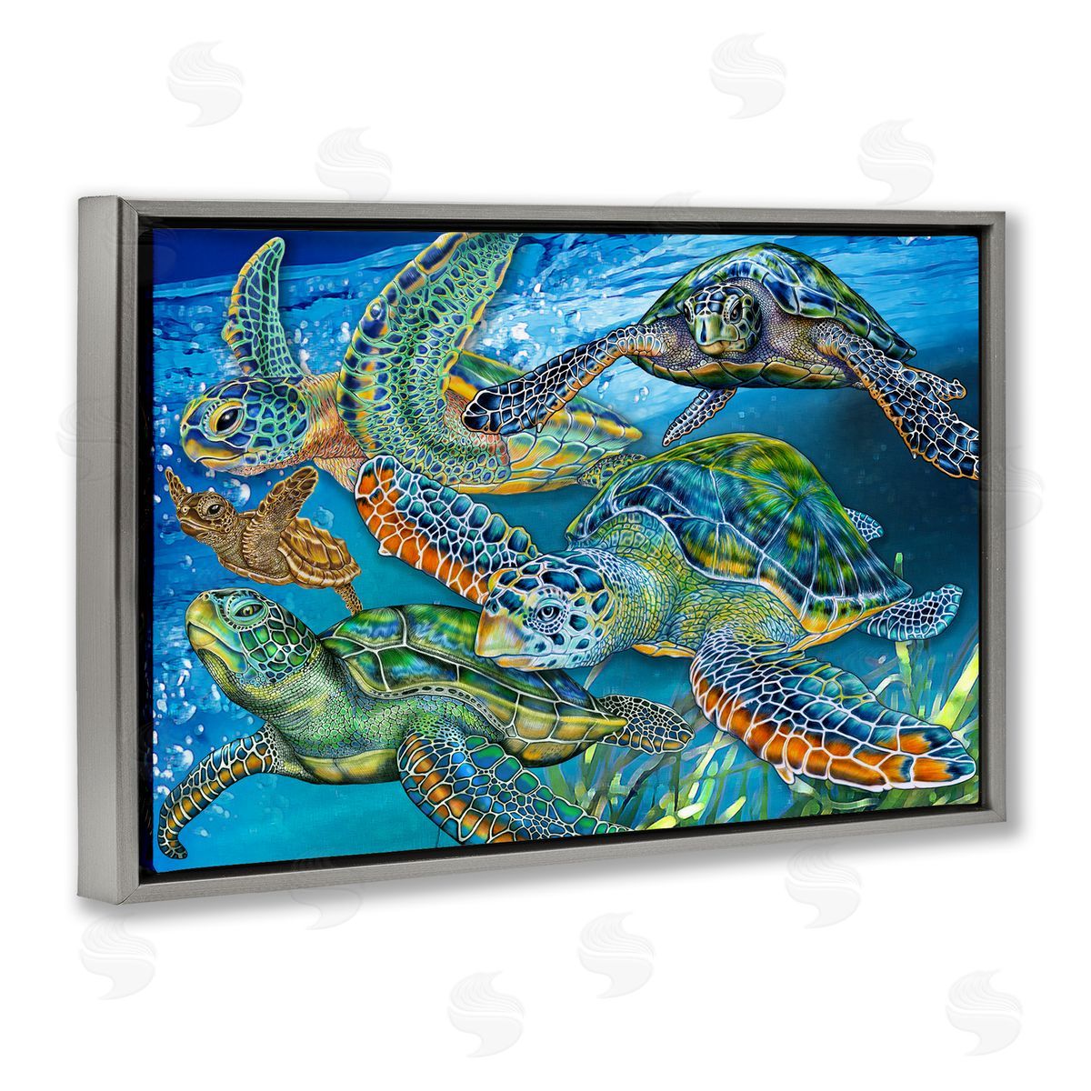 Tortoise Family Underwater Swim Grey Floating Frame Canvas Wall Art, Home Decor by Tim Jeffs