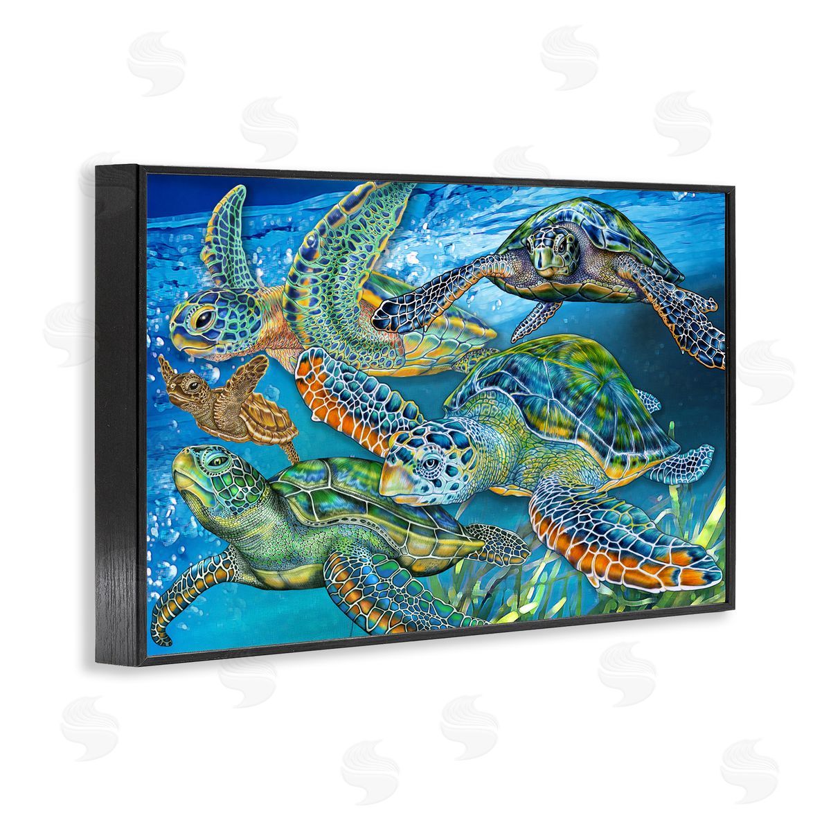 Tortoise Family Underwater Swim Black Frame Print Wall Art, Home Decor by Tim Jeffs