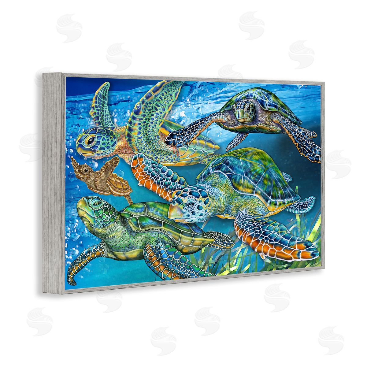 Tortoise Family Underwater Swim Grey Frame Print Wall Art, Home Decor by Tim Jeffs