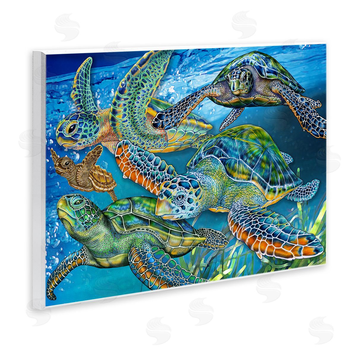 Tortoise Family Underwater Swim Wood Plaque Wall Art, Home Decor by Tim Jeffs
