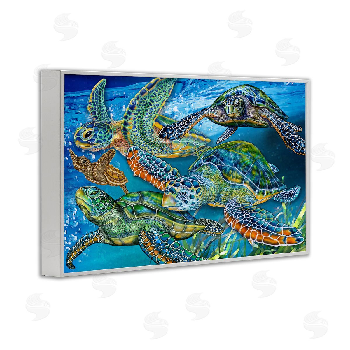 Tortoise Family Underwater Swim White Frame Print Wall Art, Home Decor by Tim Jeffs