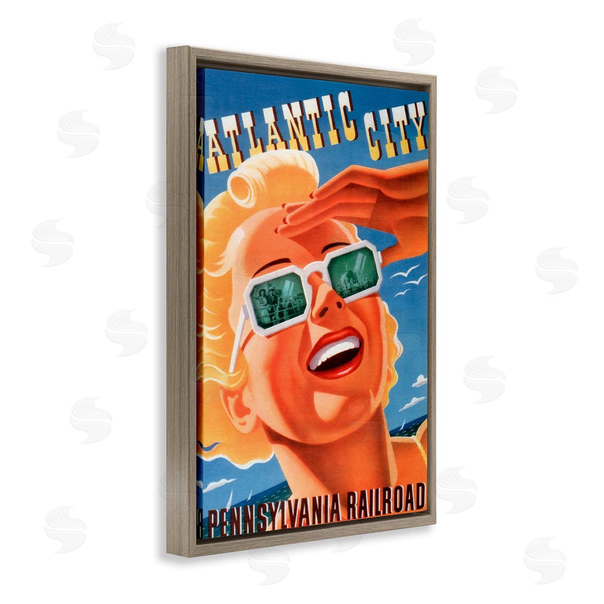 Atlantic City Vintage Woman Brown Floating Frame Canvas Wall Art, Home Decor by Marcus Jules