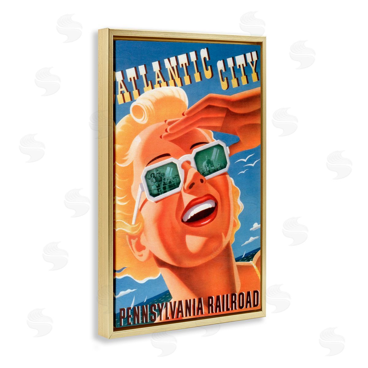 Atlantic City Vintage Woman Gold Floating Frame Canvas Wall Art, Home Decor by Marcus Jules