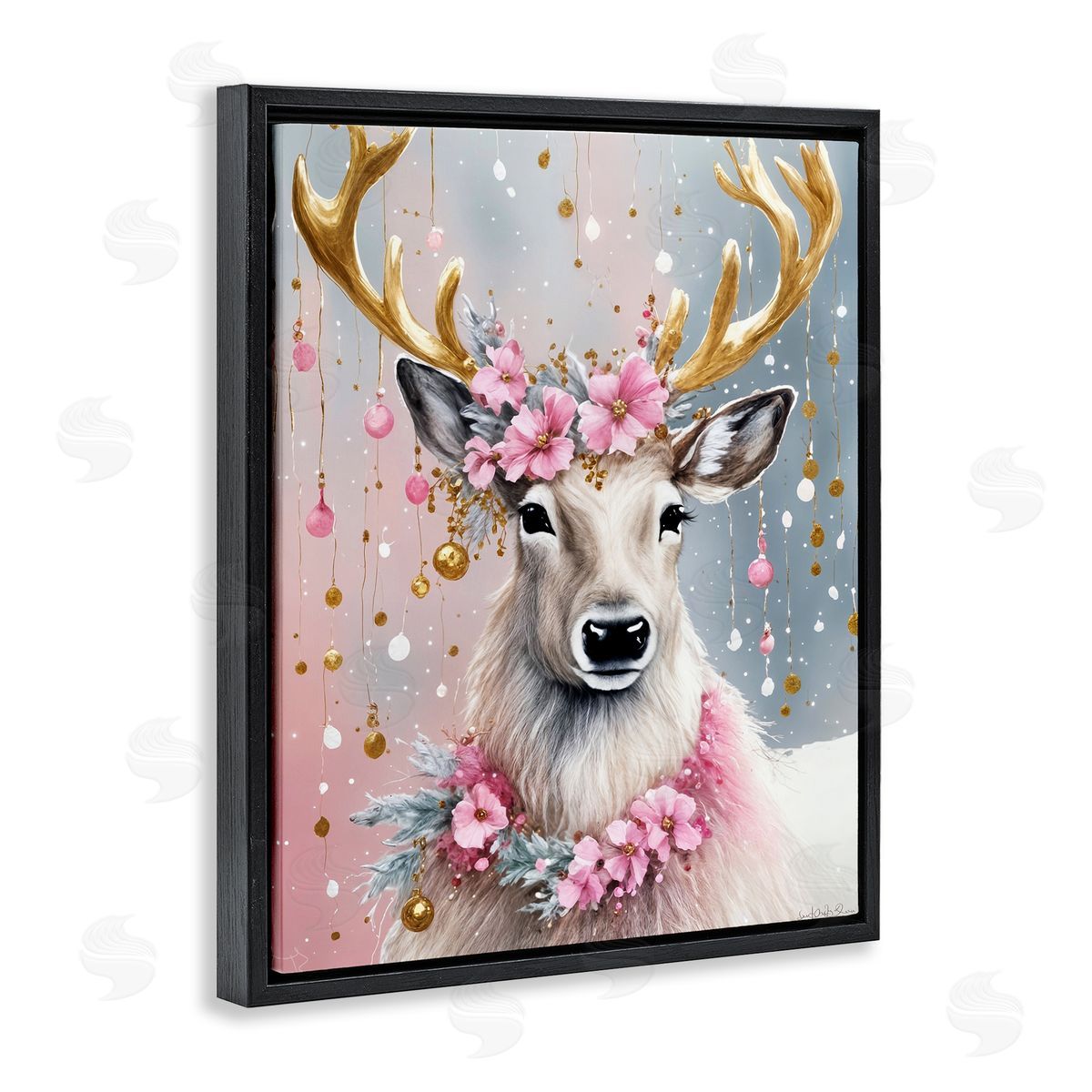 Ornamental Florals on Deer Black Floating Frame Canvas Wall Art, Home Decor by Tabz Jones