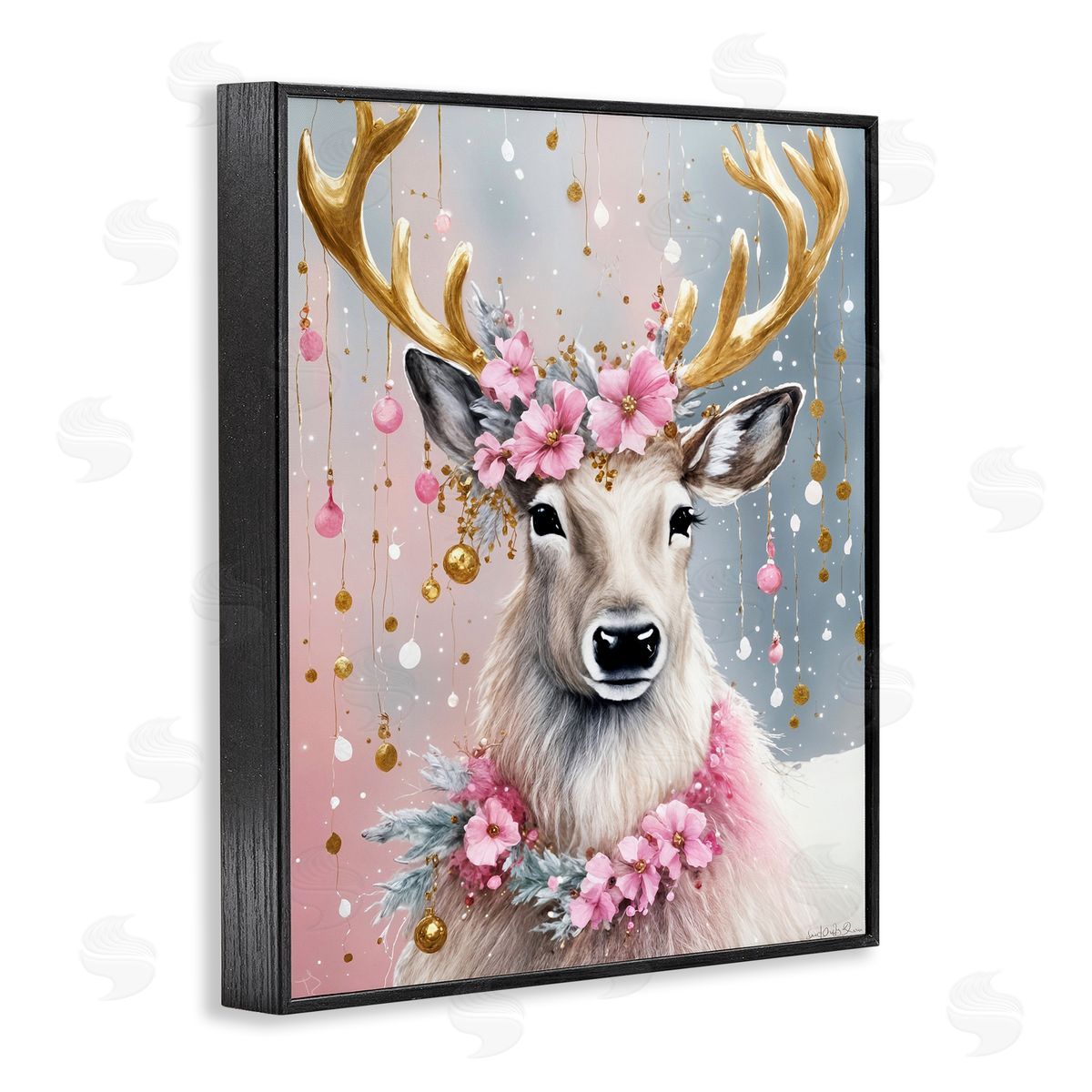 Ornamental Florals on Deer Black Frame Print Wall Art, Home Decor by Tabz Jones