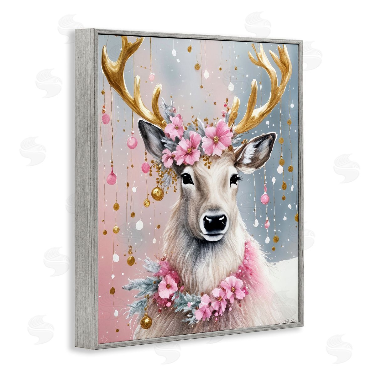 Ornamental Florals on Deer Grey Frame Print Wall Art, Home Decor by Tabz Jones