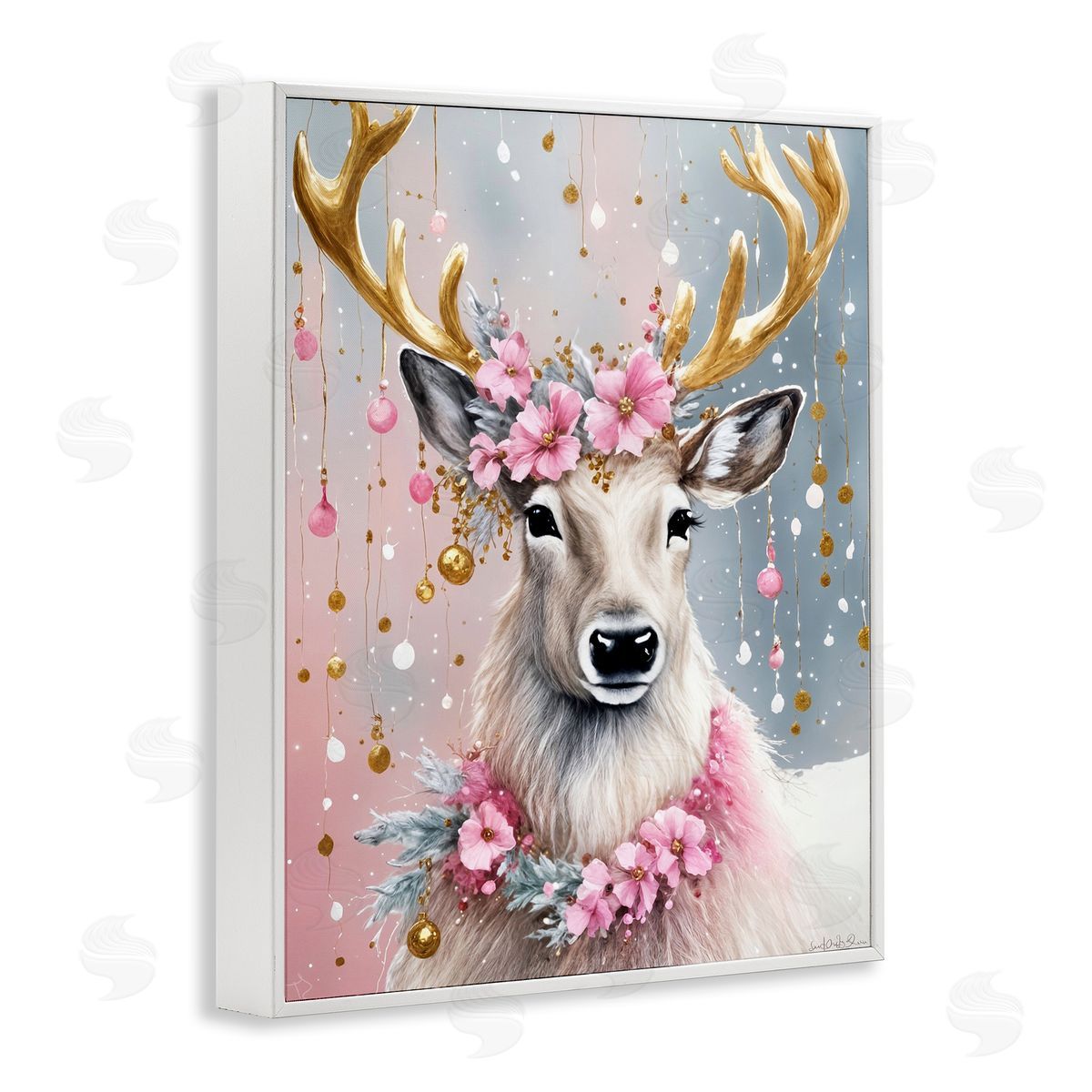 Ornamental Florals on Deer White Frame Print Wall Art, Home Decor by Tabz Jones