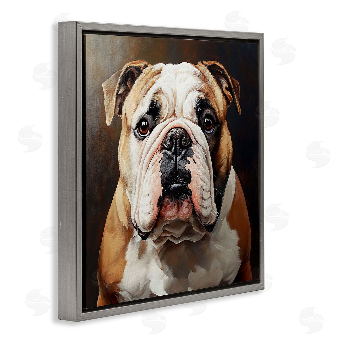 Stoic Bulldog Portrait Grey Floating Frame Canvas Wall Art, Home Decor by Tom Crehan