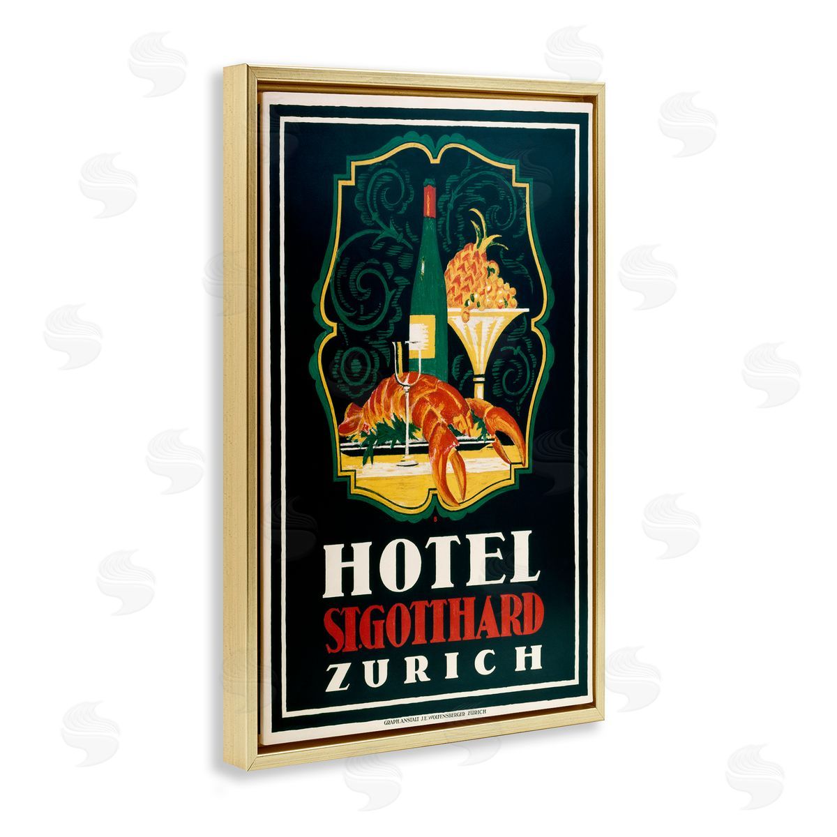 Vintage Hotel Zurich with Lobster Gold Floating Frame Canvas Wall Art, Home Decor by Marcus Jules