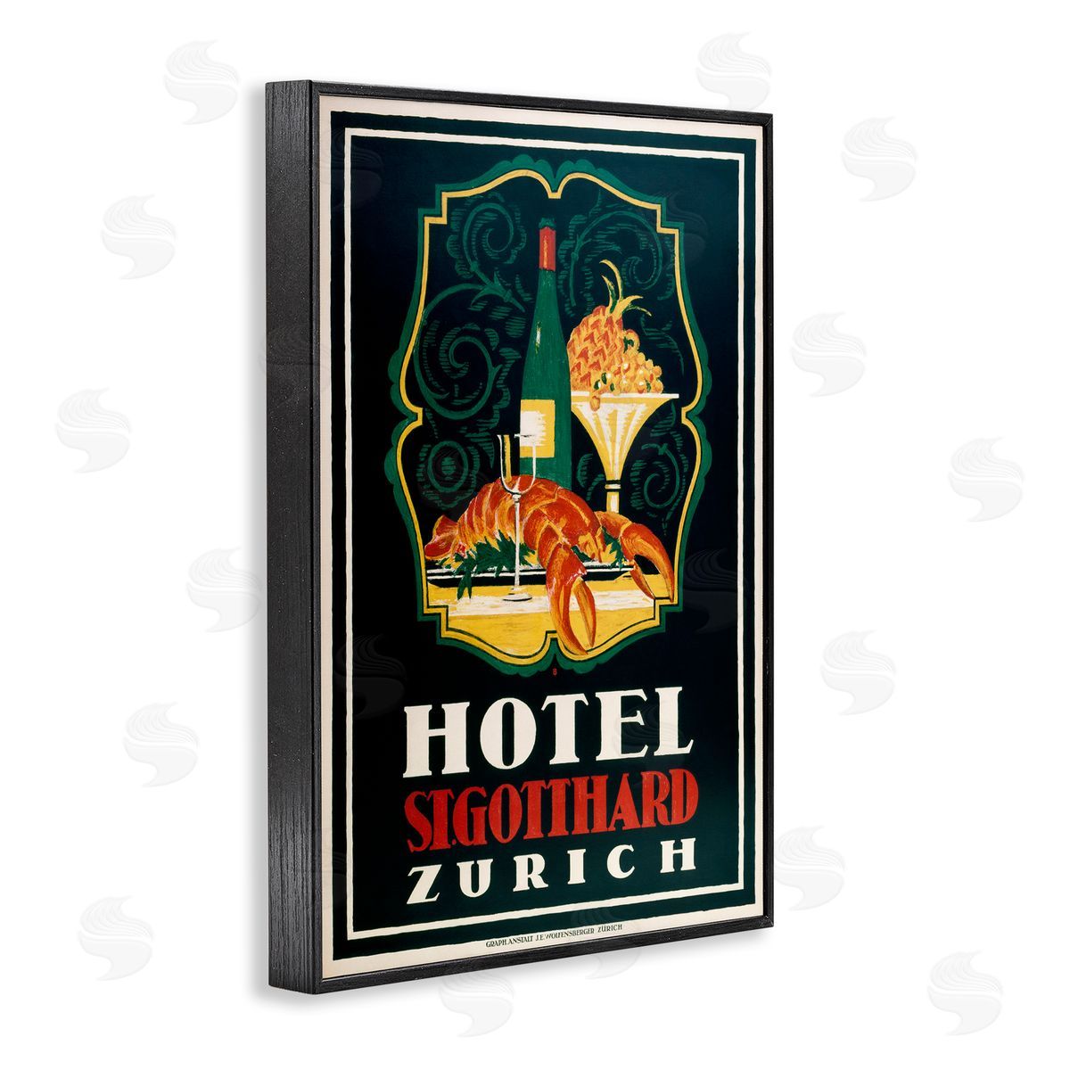 Vintage Hotel Zurich with Lobster Black Frame Print Wall Art, Home Decor by Marcus Jules