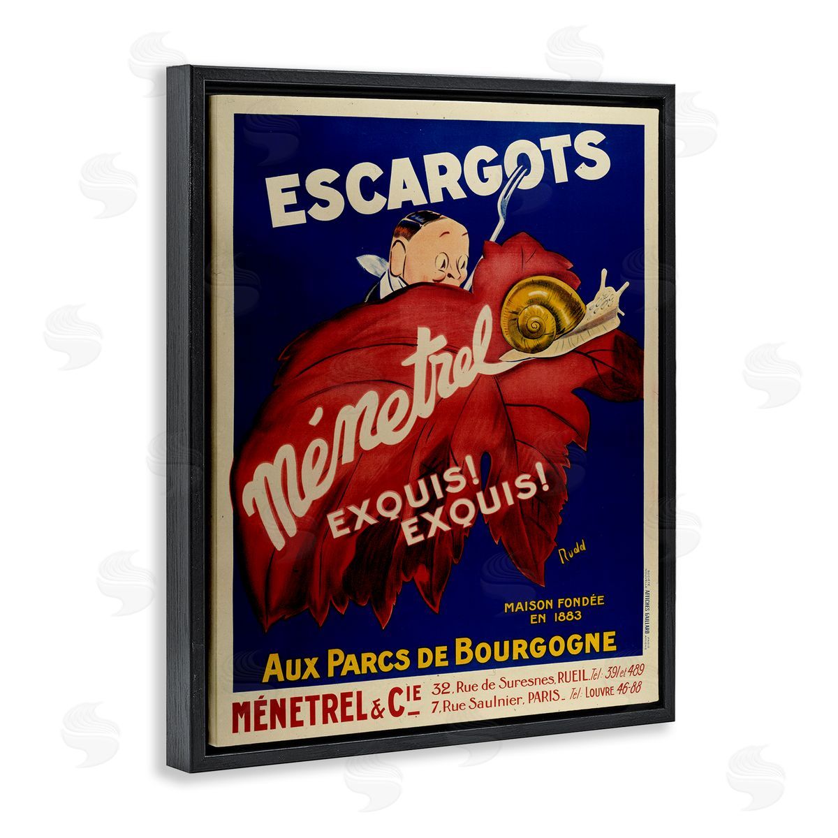 Vintage Escargots Advertisement Black Floating Frame Canvas Wall Art, Home Decor by Marcus Jules
