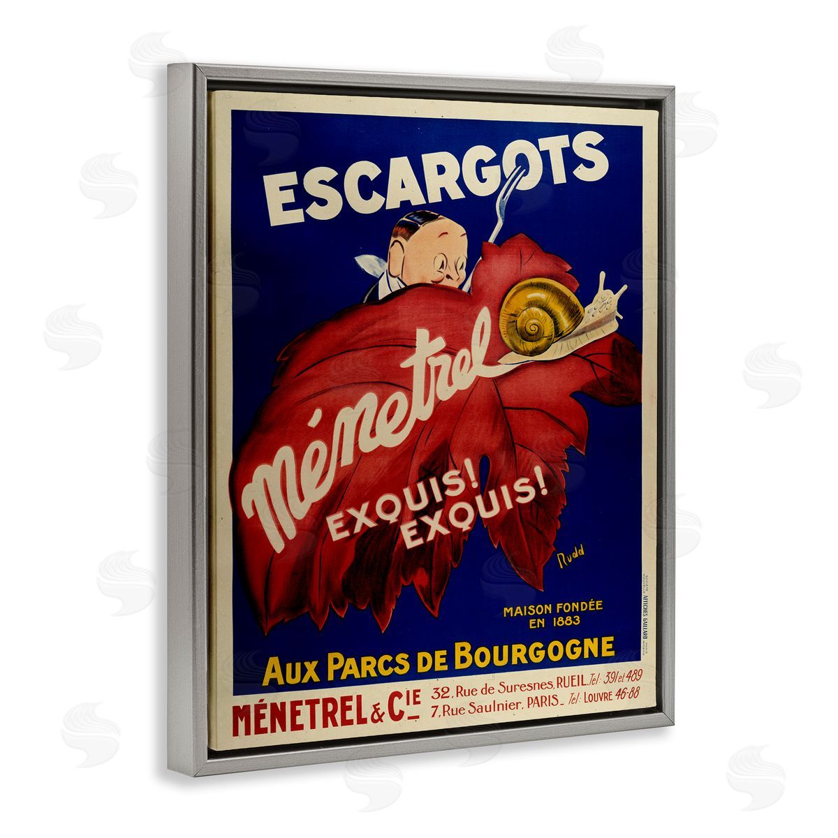 Vintage Escargots Advertisement Grey Floating Frame Canvas Wall Art, Home Decor by Marcus Jules