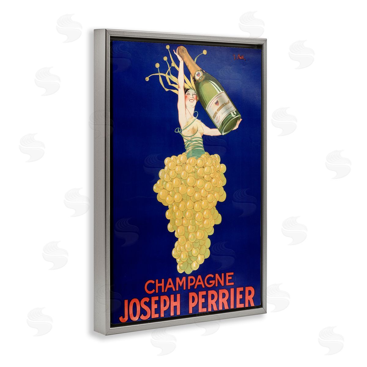 Vintage Perrier Champagne Grey Floating Frame Canvas Wall Art, Home Decor by Marcus Jules
