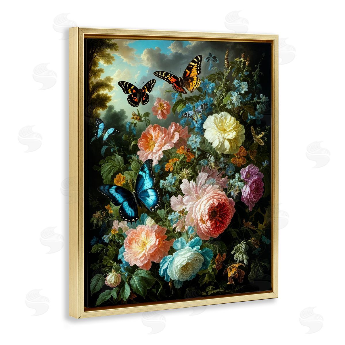 Blooming Roses & Monarch Butterflies Gold Floating Frame Canvas Wall Art, Home Decor by Tabz Jones