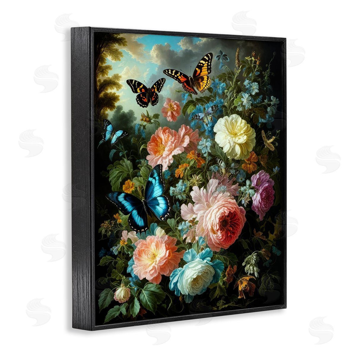 Blooming Roses & Monarch Butterflies Black Frame Print Wall Art, Home Decor by Tabz Jones
