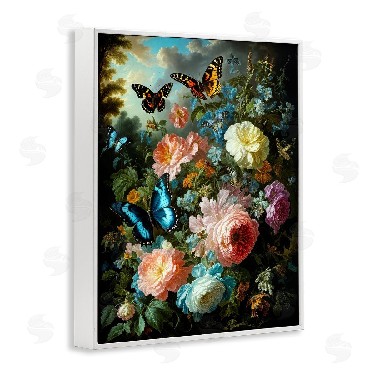 Blooming Roses & Monarch Butterflies White Frame Print Wall Art, Home Decor by Tabz Jones