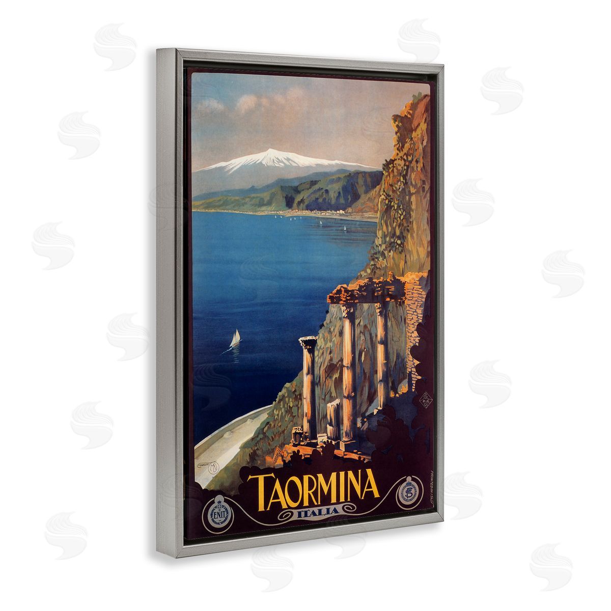 Tormina Italy Travel Poster Grey Floating Frame Canvas Wall Art, Home Decor by Marcus Jules