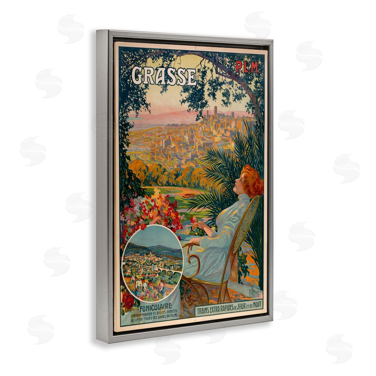 Vintage Grasse Advertisement Grey Floating Frame Canvas Wall Art, Home Decor by Marcus Jules