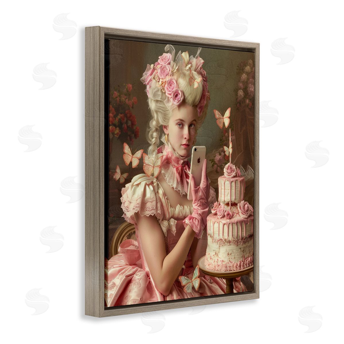 Vintage Lady with Cellphone Brown Floating Frame Canvas Wall Art, Home Decor by Michael McKinney