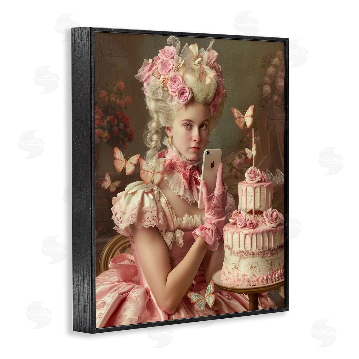 Vintage Lady with Cellphone Black Frame Print Wall Art, Home Decor by Michael McKinney