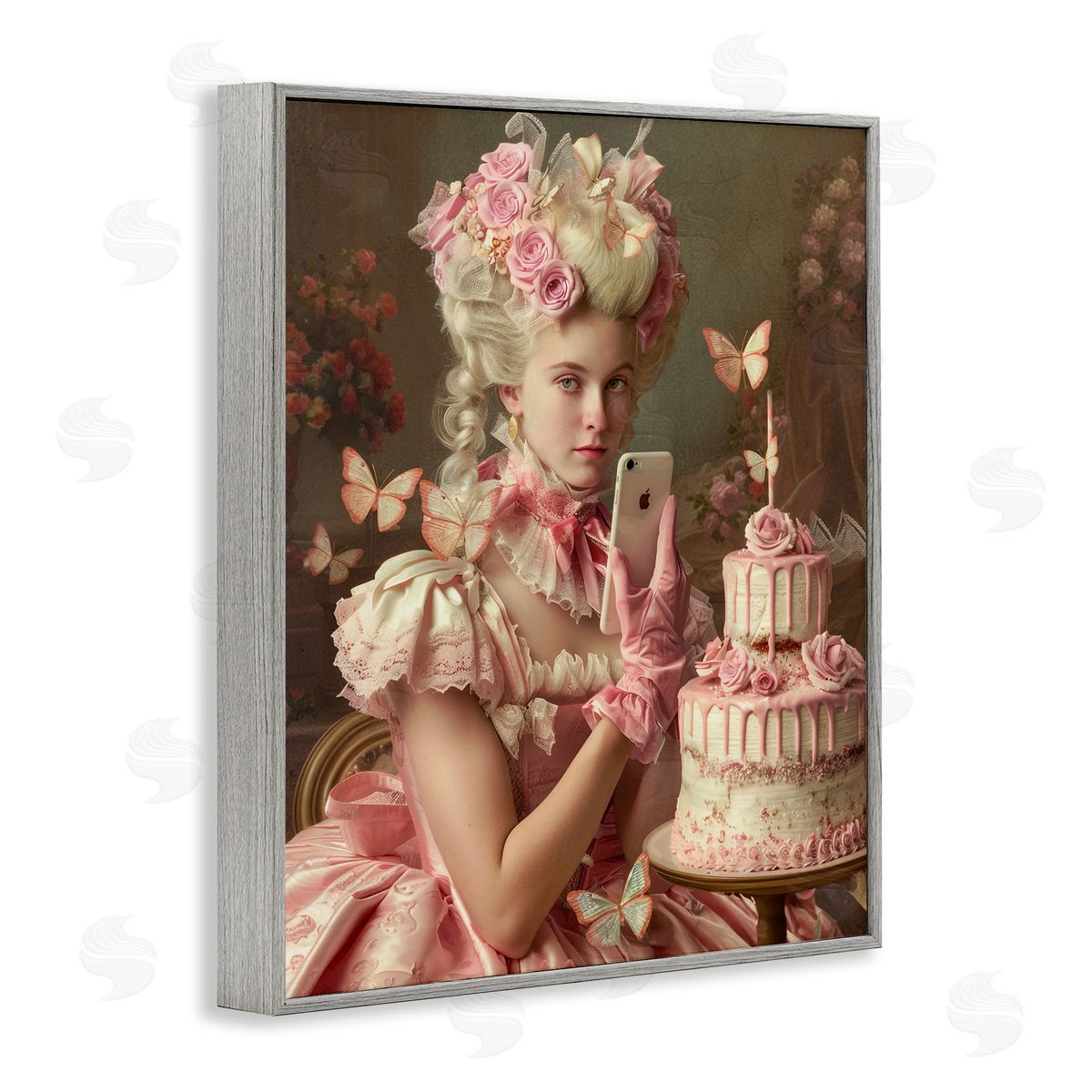Vintage Lady with Cellphone Grey Frame Print Wall Art, Home Decor by Michael McKinney