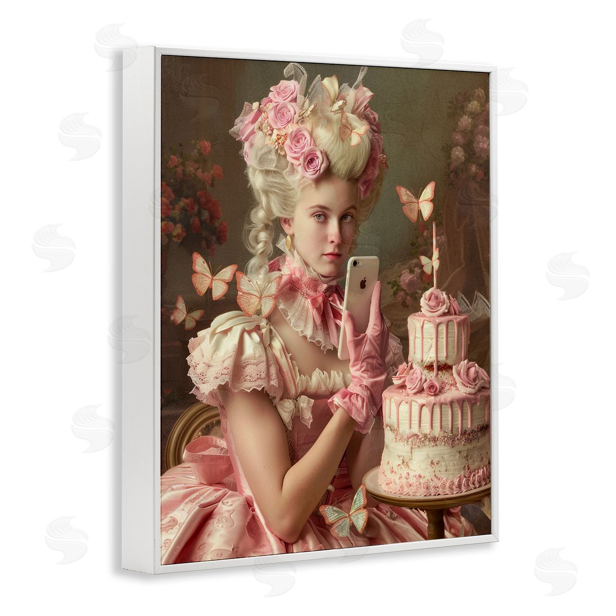 Vintage Lady with Cellphone White Frame Print Wall Art, Home Decor by Michael McKinney