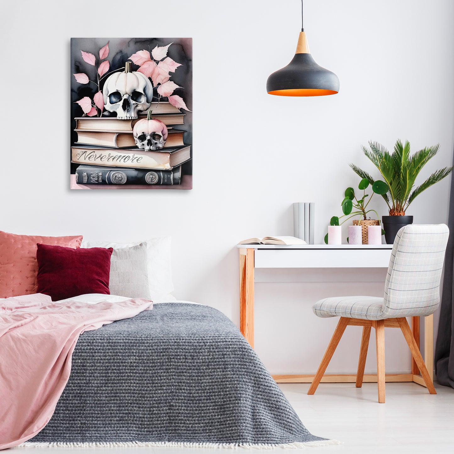 Spooky Skull Book Stack Canvas Wall Art in Room, Home Decor by Tabz Jones