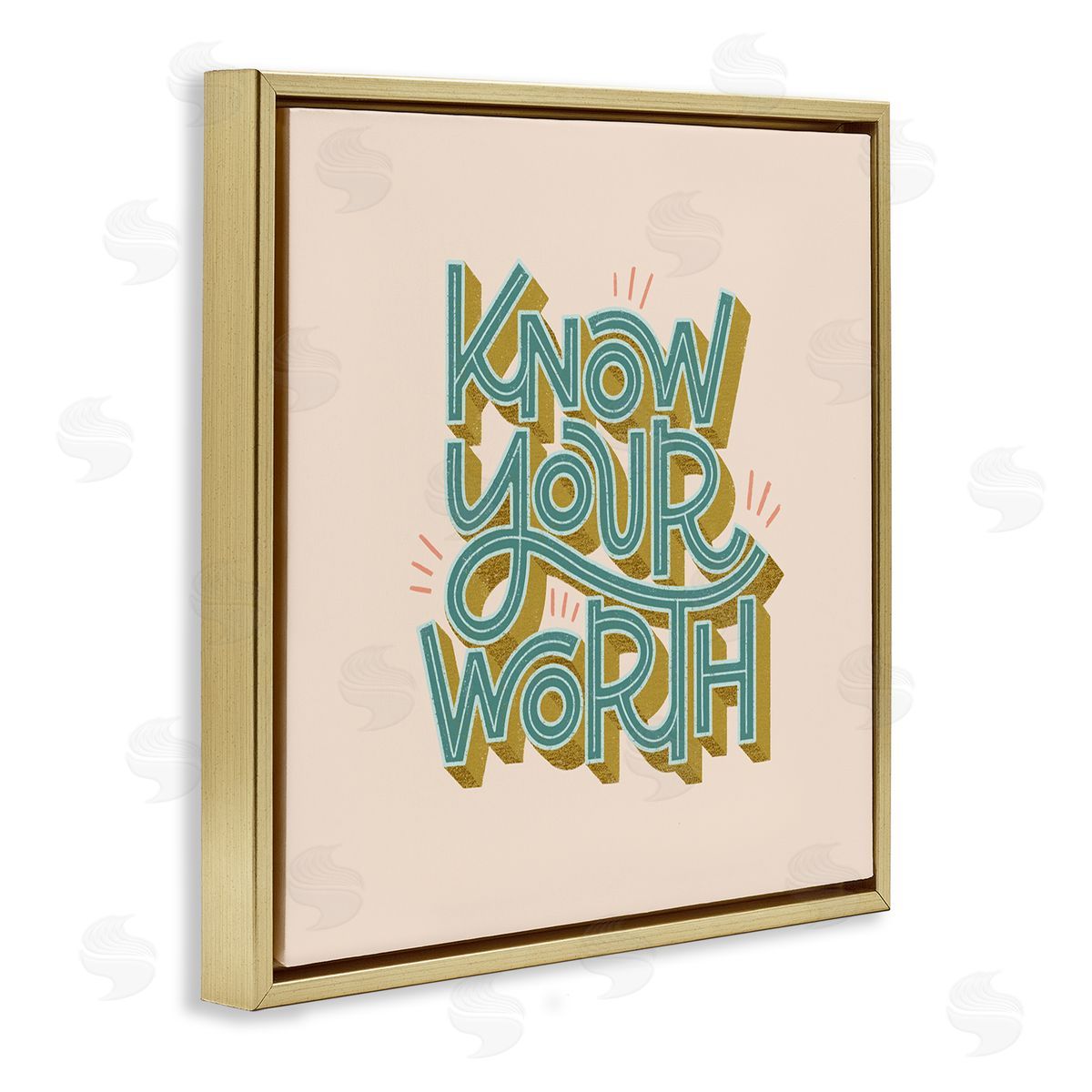 Know Your Worth Green on Beige Gold Floating Frame Canvas Wall Art, Home Decor by Sarah Hickman