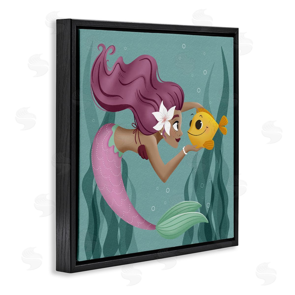 Mermaid & Fish Friends Black Floating Frame Canvas Wall Art, Home Decor by Sarah Hickman