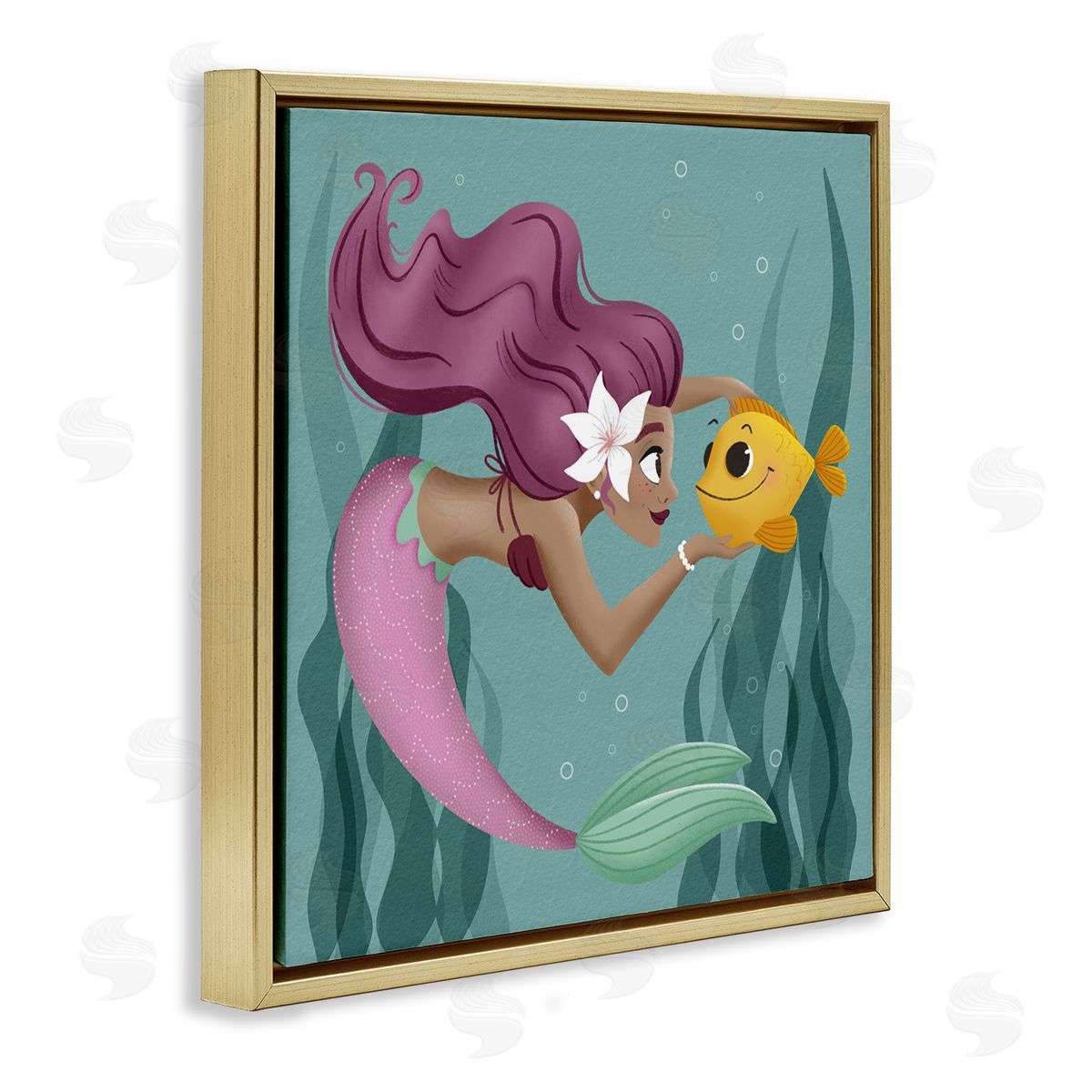 Mermaid & Fish Friends Gold Floating Frame Canvas Wall Art, Home Decor by Sarah Hickman