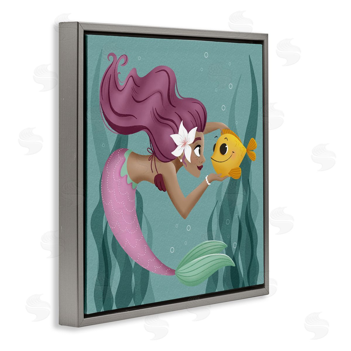 Mermaid & Fish Friends Grey Floating Frame Canvas Wall Art, Home Decor by Sarah Hickman