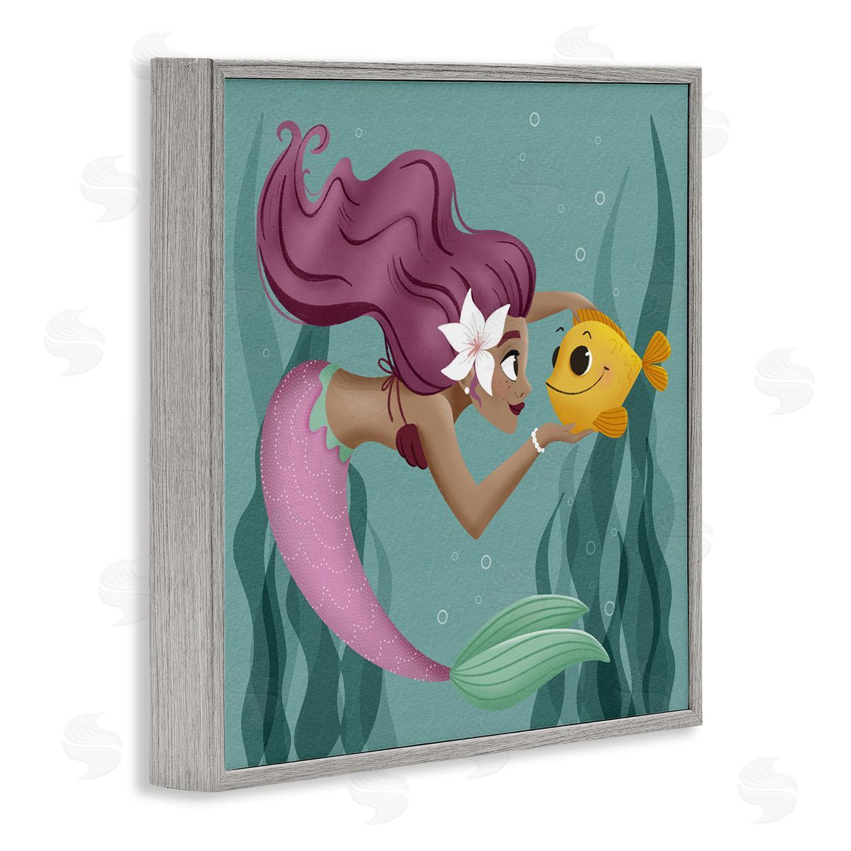Mermaid & Fish Friends Grey Frame Print Wall Art, Home Decor by Sarah Hickman