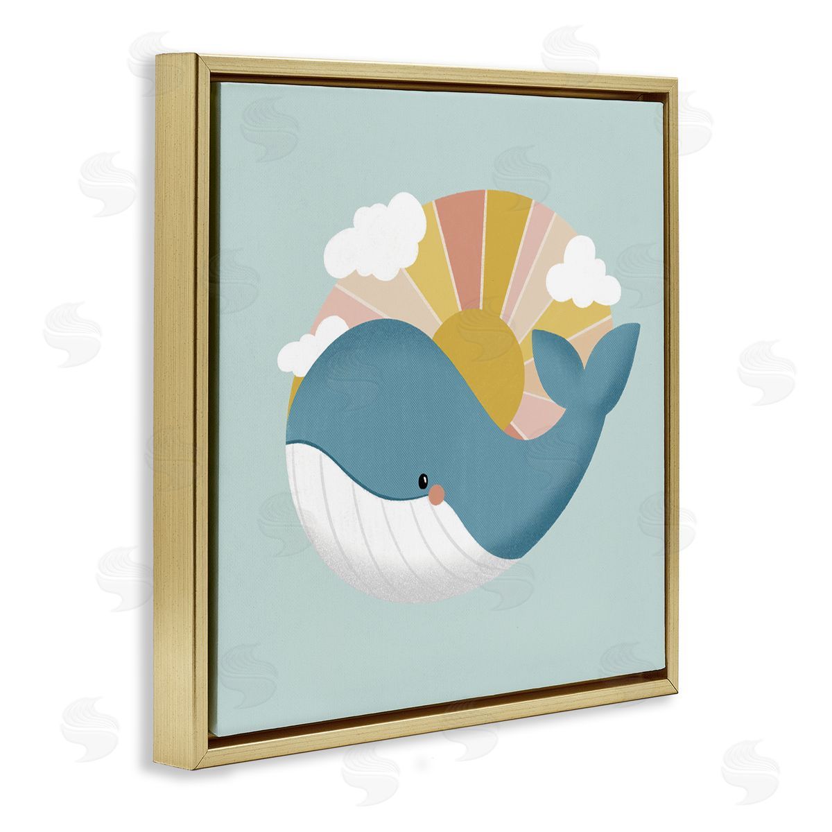Whale & Sunshine Rays Gold Floating Frame Canvas Wall Art, Home Decor by Sarah Hickman