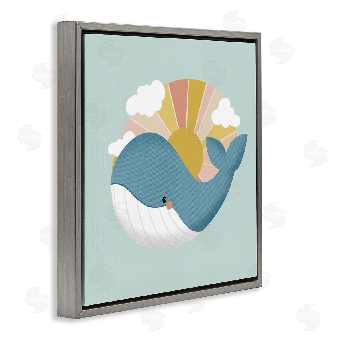 Whale & Sunshine Rays Grey Floating Frame Canvas Wall Art, Home Decor by Sarah Hickman