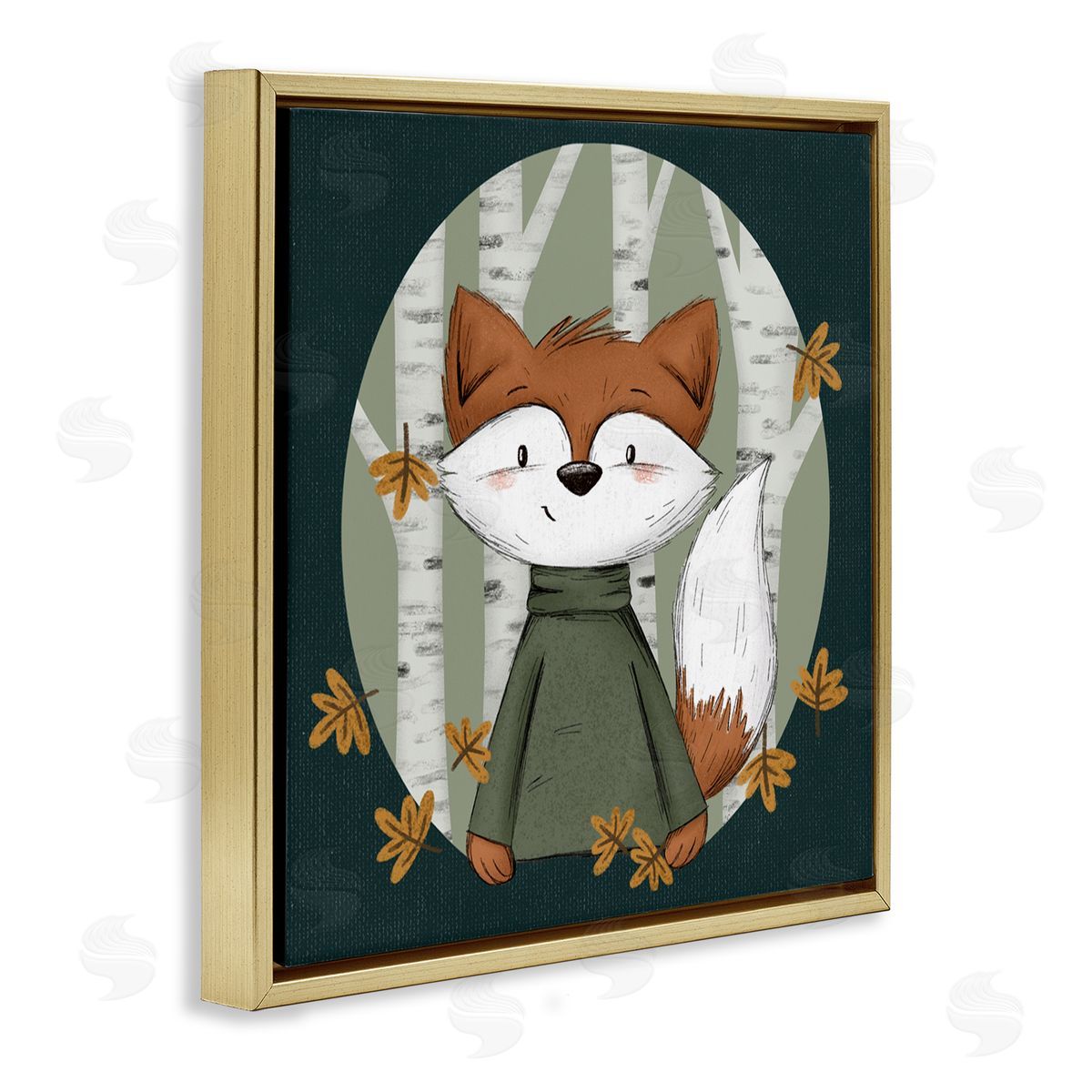 Autumnal Fox & Birch Trees Gold Floating Frame Canvas Wall Art, Home Decor by Sarah Hickman