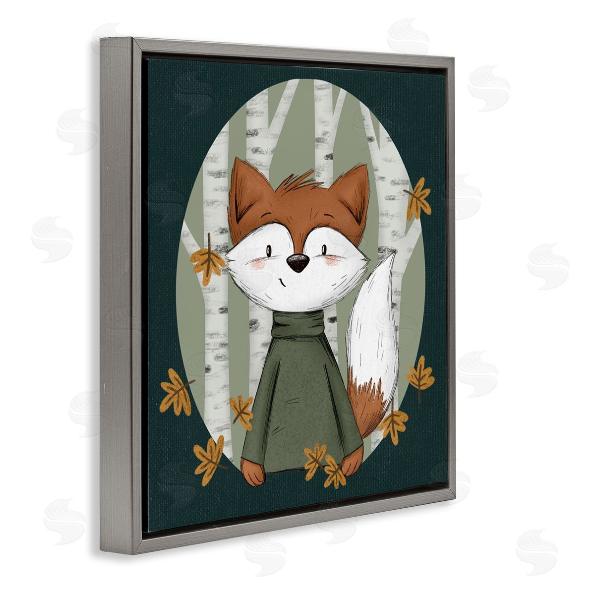Autumnal Fox & Birch Trees Grey Floating Frame Canvas Wall Art, Home Decor by Sarah Hickman