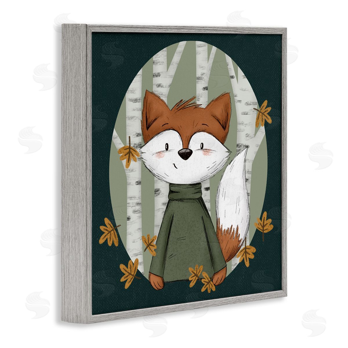 Autumnal Fox & Birch Trees Grey Frame Print Wall Art, Home Decor by Sarah Hickman