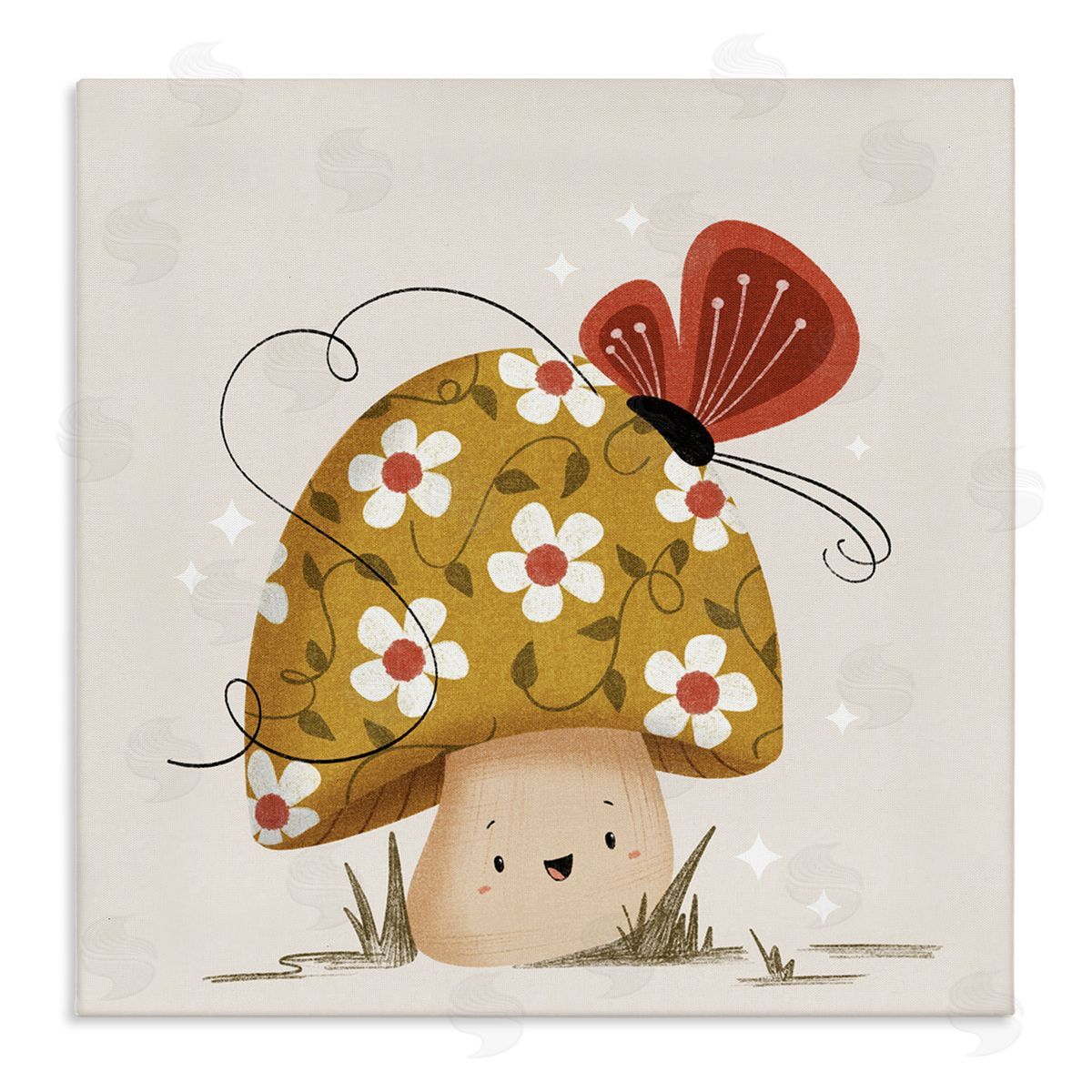 Happy Mushroom & Butterfly Canvas Wall Art, Home Decor by Sarah Hickman