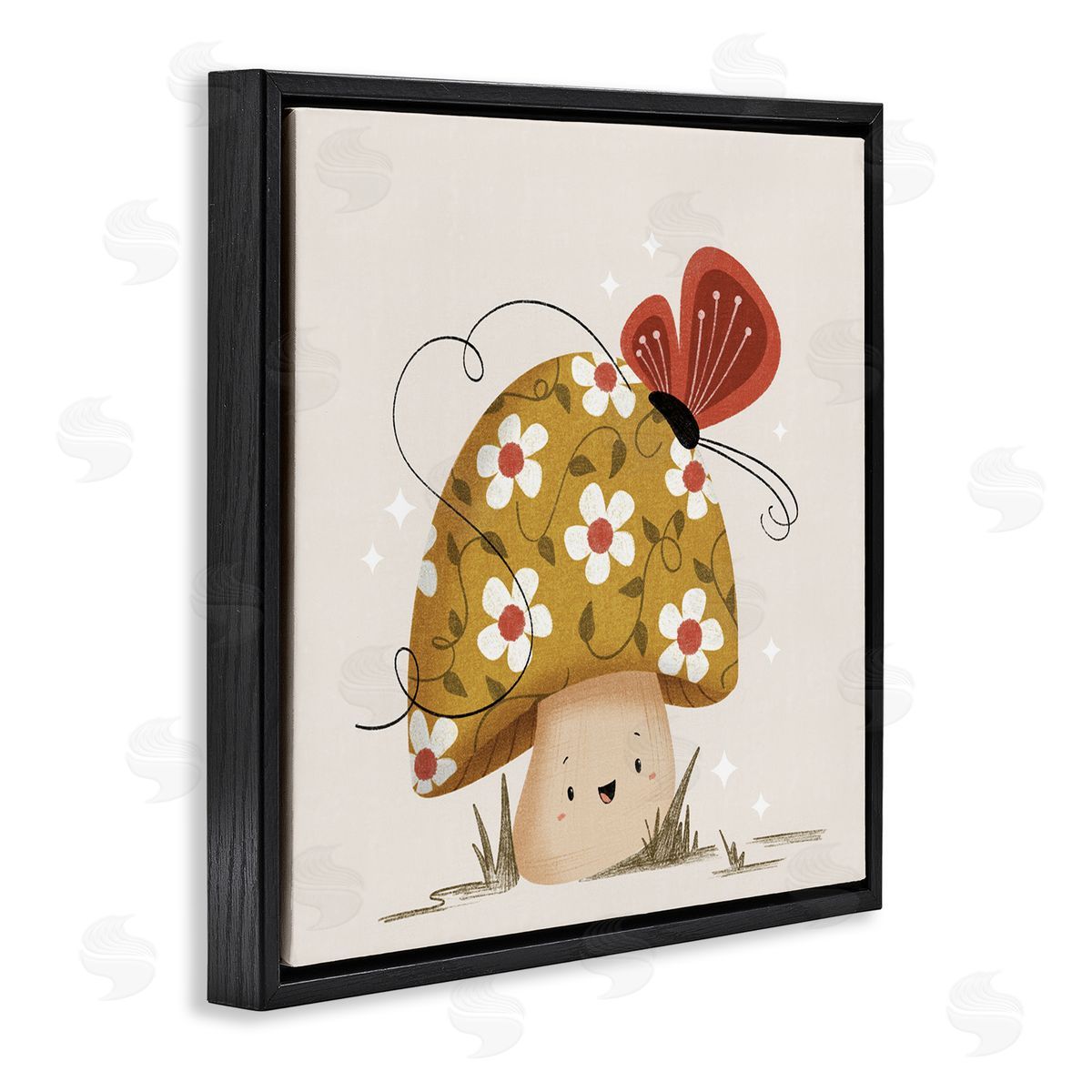 Happy Mushroom & Butterfly Black Floating Frame Canvas Wall Art, Home Decor by Sarah Hickman