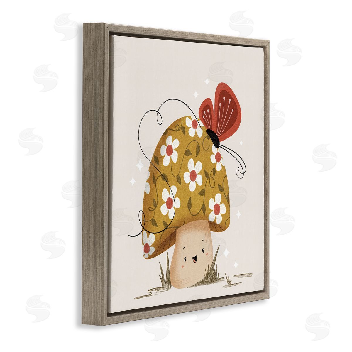 Happy Mushroom & Butterfly Brown Floating Frame Canvas Wall Art, Home Decor by Sarah Hickman
