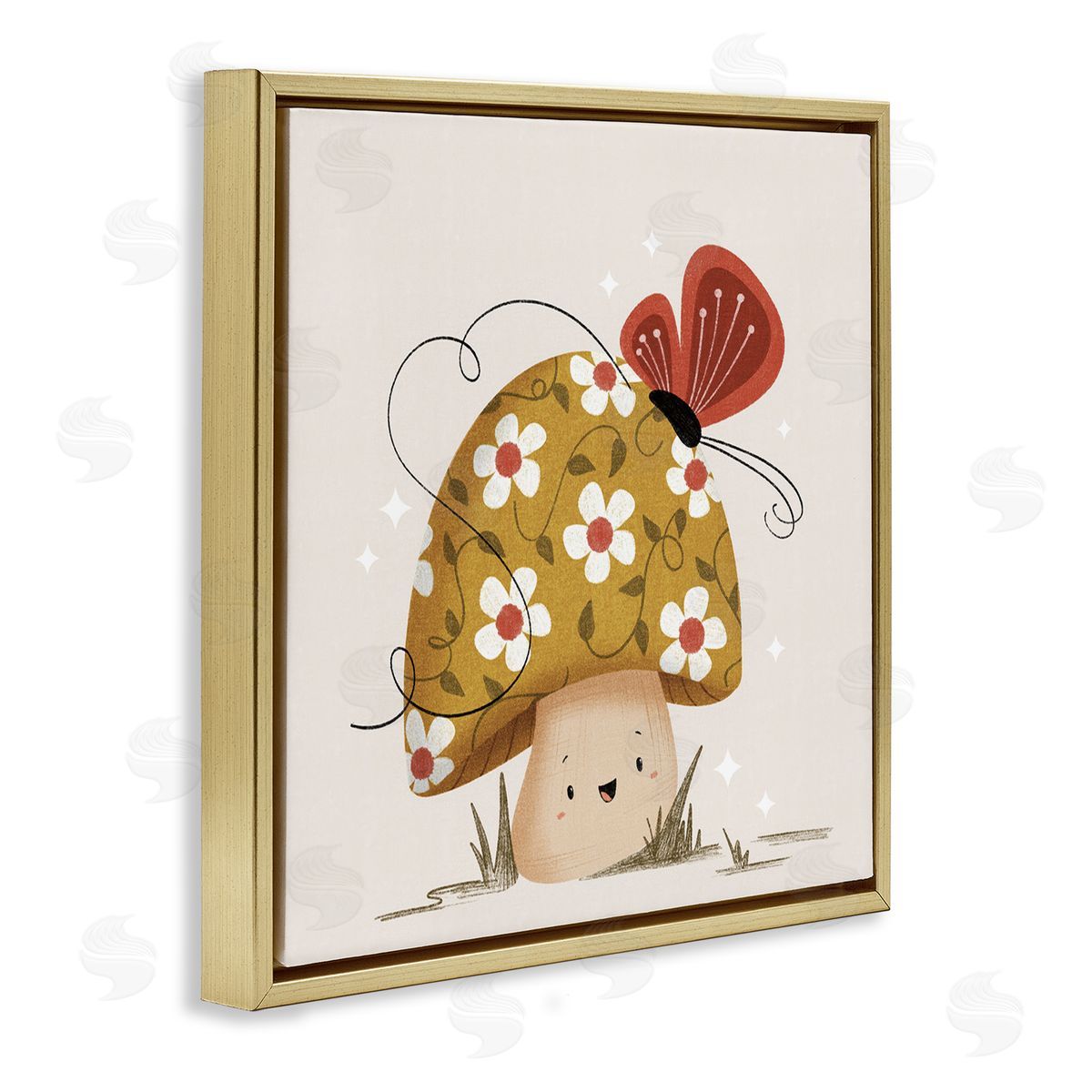 Happy Mushroom & Butterfly Gold Floating Frame Canvas Wall Art, Home Decor by Sarah Hickman