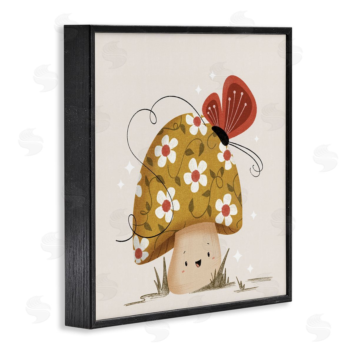 Happy Mushroom & Butterfly Black Frame Print Wall Art, Home Decor by Sarah Hickman