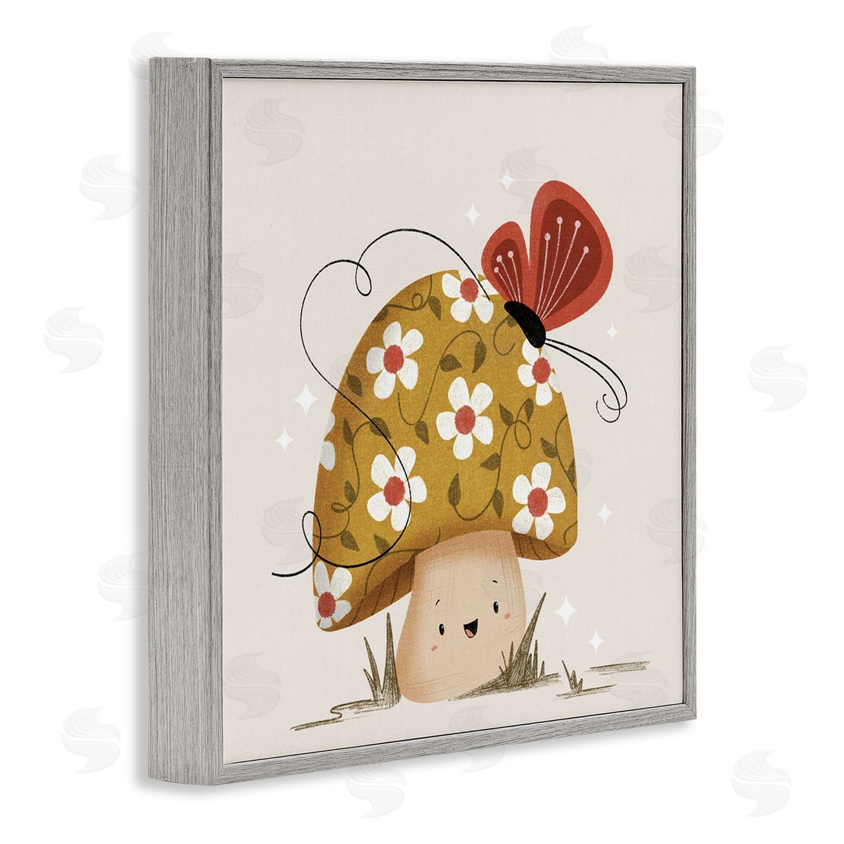 Happy Mushroom & Butterfly Grey Frame Print Wall Art, Home Decor by Sarah Hickman