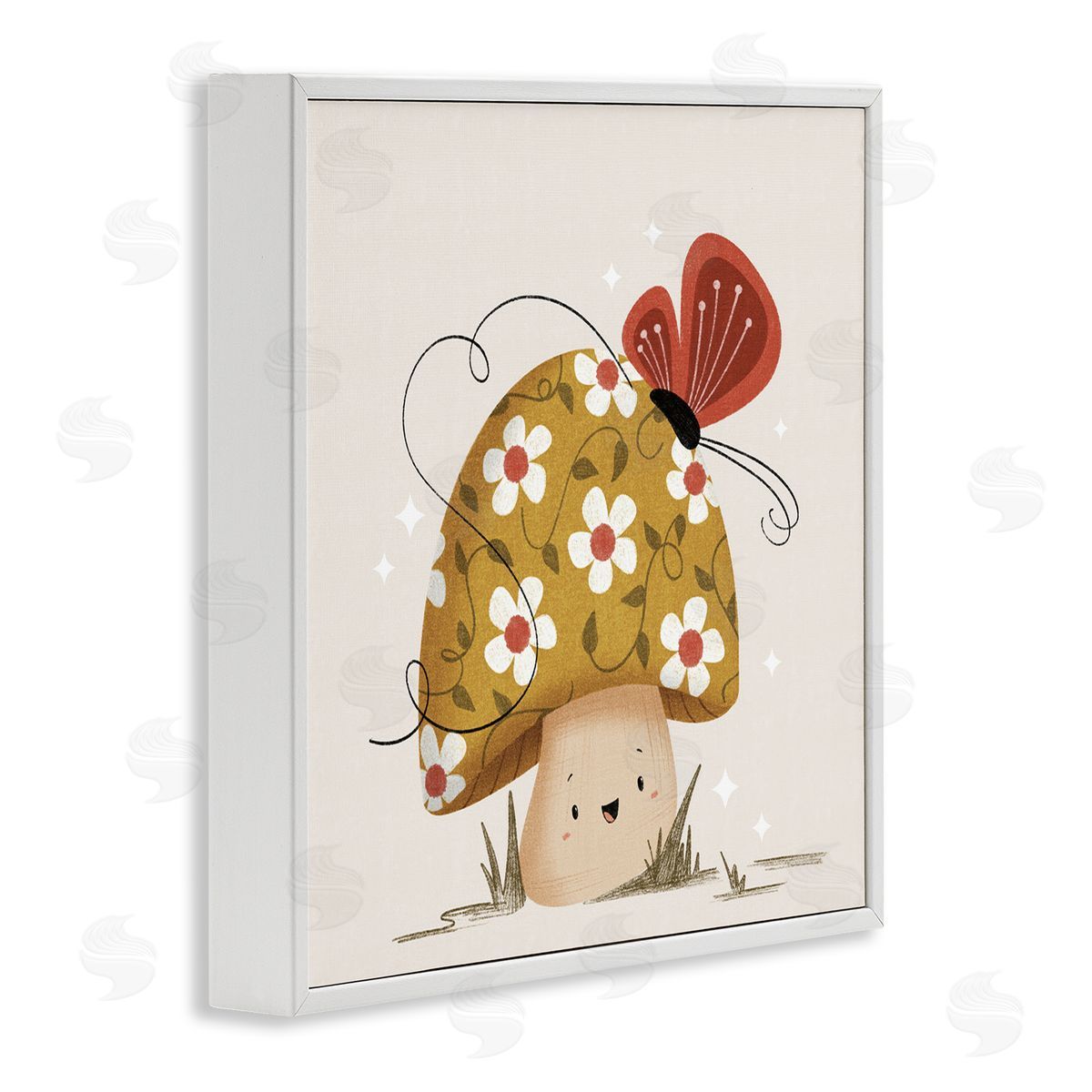 Happy Mushroom & Butterfly White Frame Print Wall Art, Home Decor by Sarah Hickman
